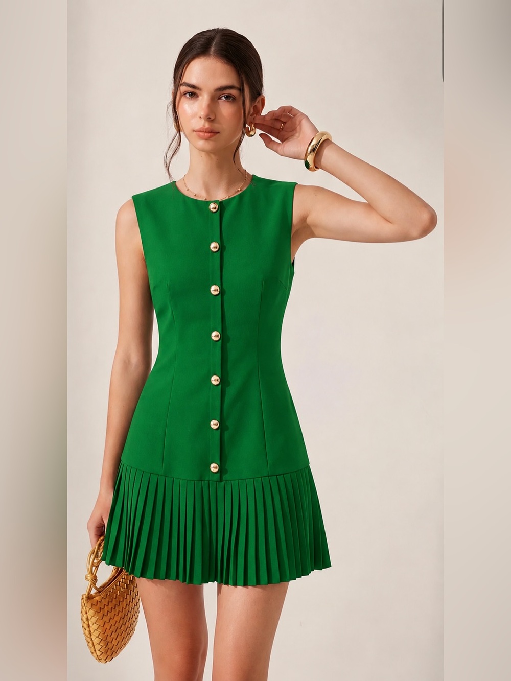 Commense Green Metal Detail Sleeveless Slim Fit Pleated-Hem Mini Dress